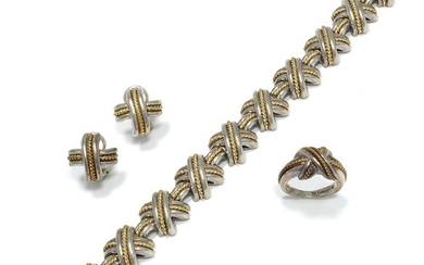 Sterling Silver and Gold 'X' Bracelet, Ring and Pair of Earclips, Tiffany & Co.