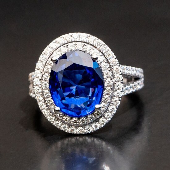 Stunning Oval Sapphire Diamond Ring - 14 kt. White gold - Ring - 6.00 ct Sapphire - 1.00ct Diamonds D VVS