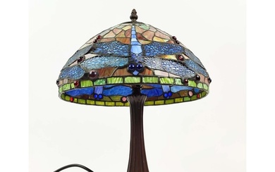 TABLE LAMP, Tiffany style, stained glass shade, bronzed base...