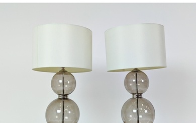 TABLE LAMPS, a pair, glass ball stems on square polished met...