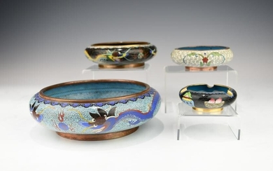 THREE CHINESE CLOISONNE WATER POTS AND AN ASH TRAY