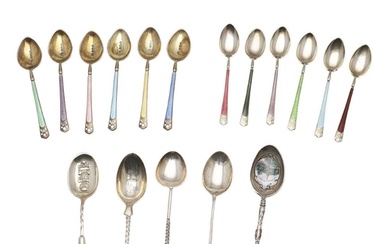 TWO CASED SETS OF SIX SILVER & ENAMEL TEA/ COFFEE SPOONS. on...