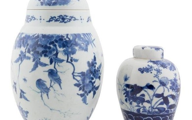 TWO CHINESE BLUE & WHITE PORCELAIN LIDDED JARS