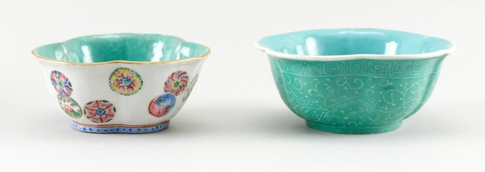 TWO CHINESE PORCELAIN FLORIFORM BOWLS 1) Exterior decoration of famille rose floral mons on a white field. Turquoise glazed interior...