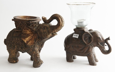 TWO ELEPHANT FORM PATINATED RESIN CANDLE HOLDERS, ONE WITH A HURRICANE SHADE, APPROX H.25CM, LEONARD JOEL LOCAL DELIVERY SIZE: SMALL