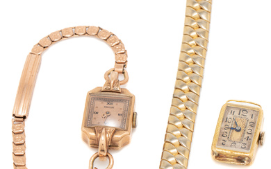 TWO LADIES GOLD WRISTWATCHES; one in 18ct with rectangular dial,...