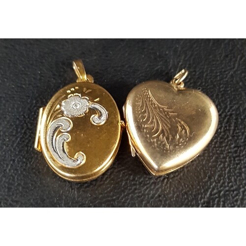 TWO NINE CARAT GOLD LOCKET PENDANTS the oval pendant with fl...