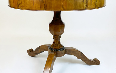 Tavolo circolare in ciliegio, piano con profilo baccellato ebanizzato, sostegno sfaccettato su base tripode sagomata (d. cm 93; h. cm…