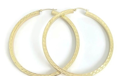 Textured Big Hoop Earrings 14K Yellow Gold, 2.5 Inches, 6.21 Grams