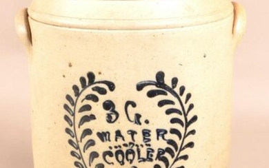 Three Gallon Cobalt Decorated Stoneware Water Cooler.