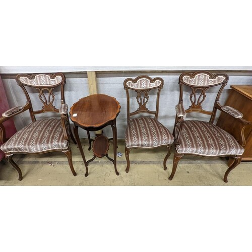 Three late Victorian bone inlaid mahogany chairs, two with a...