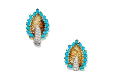 Tiffany & Co. Pair of Gold, Turquoise and Diamond Earclips