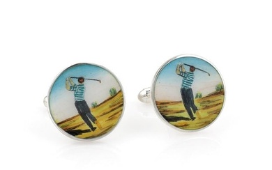 Tiffany & Co. Vintage Enamel Sterling Silver Round Golfer Stud Cufflinks