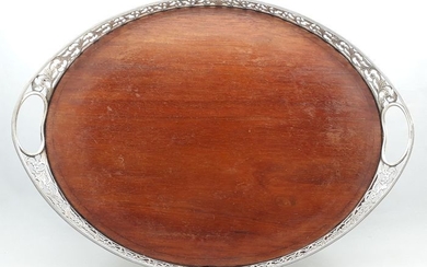 Tray, Large oval wooden tray with silver edge - .833 silver, wood - Netherlands - 1943
