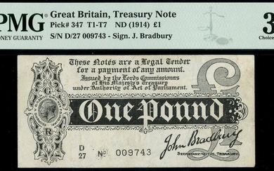 Treasury Series, John Bradbury, first issue £1, ND (7 August 1914), serial number D/27 009743,...