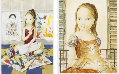 Tsuguharu Foujita, Nursery (estampe)/ Girl holding a cat...