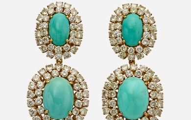 Turquoise, diamond, and gold earrings