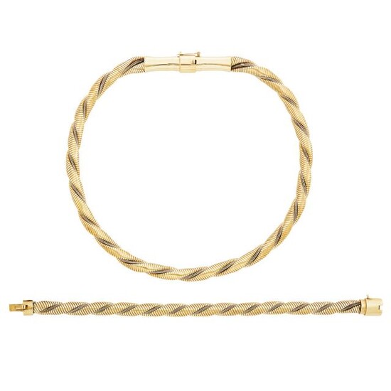 Twisted Two-Color Gold Snake Link Necklace and Bracelet