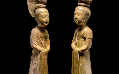 Two Chinese Glazed Pottery Figures of Court Attendants