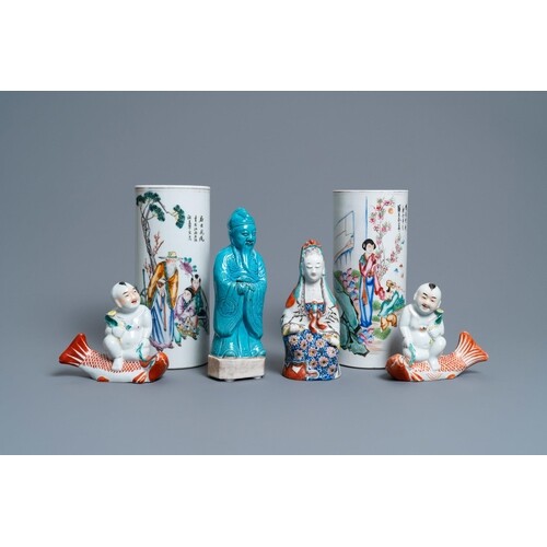 Two Chinese famille rose hat stands and four various figures...