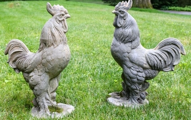 Two Outdoor Cast Resin Rooster Garden Statues
