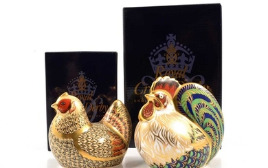 Two Royal Crown Derby Limited Edition paperweights, cockerel and hen, gold stoppers.