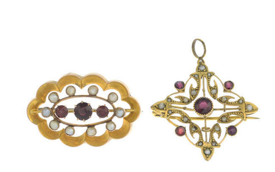 Two early 20th century 9ct gold split pearl and garnet brooches.