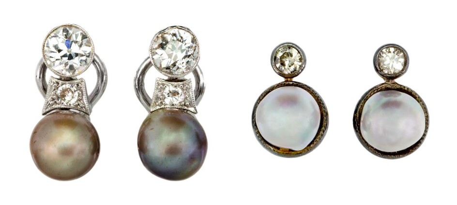 Two pairs of cultured pearl and diamond earrings, comprising: a pair set with cultured pearls of grey tint, each to a surmount of two graduated circular-cut diamonds, clip and post fittings, and a pair designed as a single cultured pearl to a...