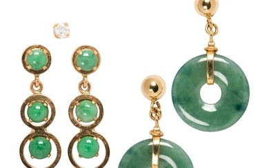 Two pairs of jade and 14k gold earrings