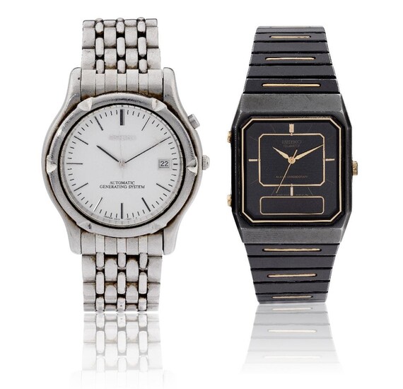 Two quartz bracelet watches by Seiko, including a Cal. 5M22, 5M23 calendar bracelet watch with box and papers, and rectangular digital display chronograph watch, both c. 1990 with box (2)