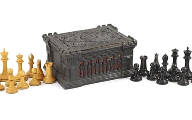 Un Jaques of London 3 1/2 inch Staunton pattern turned wood chess setof lead-weighted boxwood...