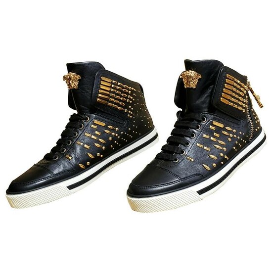 VERSACE STUDDED HIGH-TOP SNEAKERS with GOLD MEDUSA side