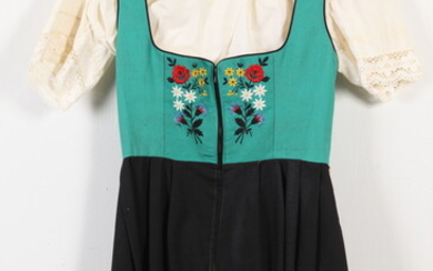 VINTAGE GREEN AND BLACK DIRNDLE WITH WHITE COTTON BLOUSE, size...