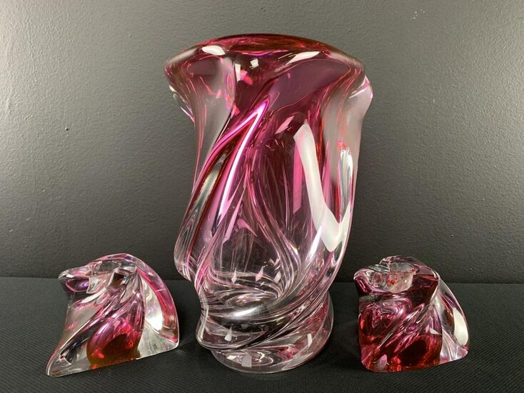 Val St Lambert Art Glass Vase, Candlesticks