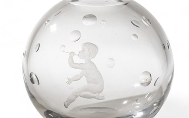Vicke Lindstrand (Swedish, 1904-1983) for Orrefors, Crystal Vase "Boy Blowing Bubbles", H 7" Dia. 7"