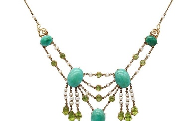 Victorian 1890 Necklace in 18kt Gold with 51.04cts Peridots Turquoises & Pearls