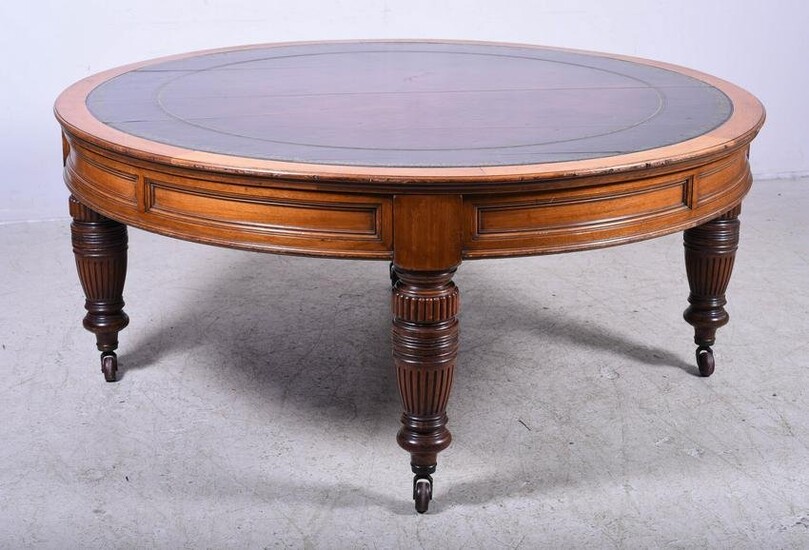 Victorian round mahogany leather top conference table