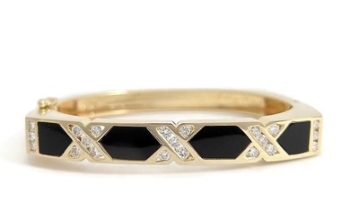 Vintage Black Onyx Diamond Square Bangle Bracelet 14K Yellow Gold, 30.75 Grams