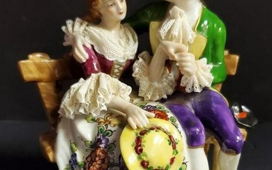 Vintage Dresden Porcelain Lovers Seated on Bench