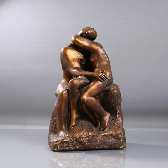 Vintage Embracing Lovers Sculpture in Bronzed Finish