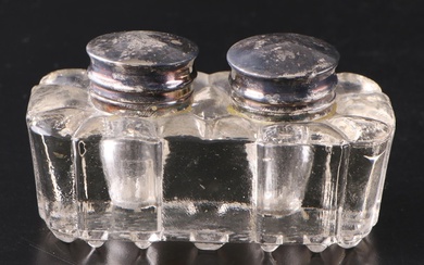 Vintage Glass Double Inkwell With Hinged Lids