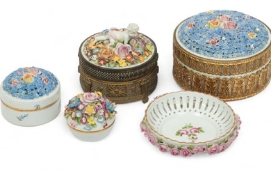 Von Schierholz (German) Porcelain Covered Boxes & Dish, Ca. 1920, H 4" Dia. 6" 5 pcs