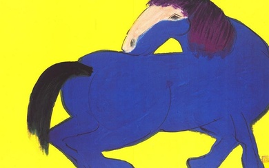 Walasse Ting - Blue Horse - 1990 Offset Lithograph 45.75" x 61.75"