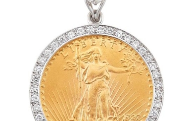 White Gold, Gold Coin and Diamond Pendant