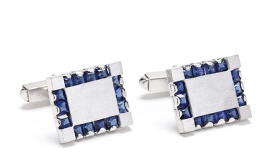 White Gold and Gem-Set Synthetic Sapphire Cufflinks, Lucien Piccard