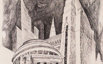 William 'Bill' Papas, South African 1927-2000 - Central Library, Manchester; pen and black ink on paper, signed and inscribed lower right 'Central Library, Manchester, Papas', 78 x 50 cm (mounted/unframed)