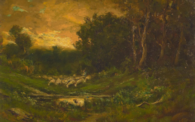 William Keith (1838-1911) Sheep Watering 19 1/2 x 28 in....