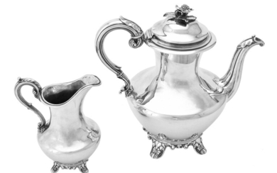 Y An early Victorian silver baluster coffee pot and cream jug by Charles Fox II