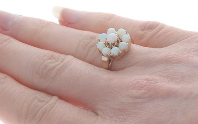 Yellow Gold Opal Vintage Cluster Halo Cocktail Ring - 10k Round Cabochon Flower