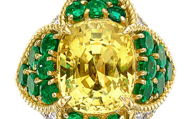 Yellow Sapphire, Diamond, Emerald, Gold Ring, Peyrot Stones: Cushion-shaped...